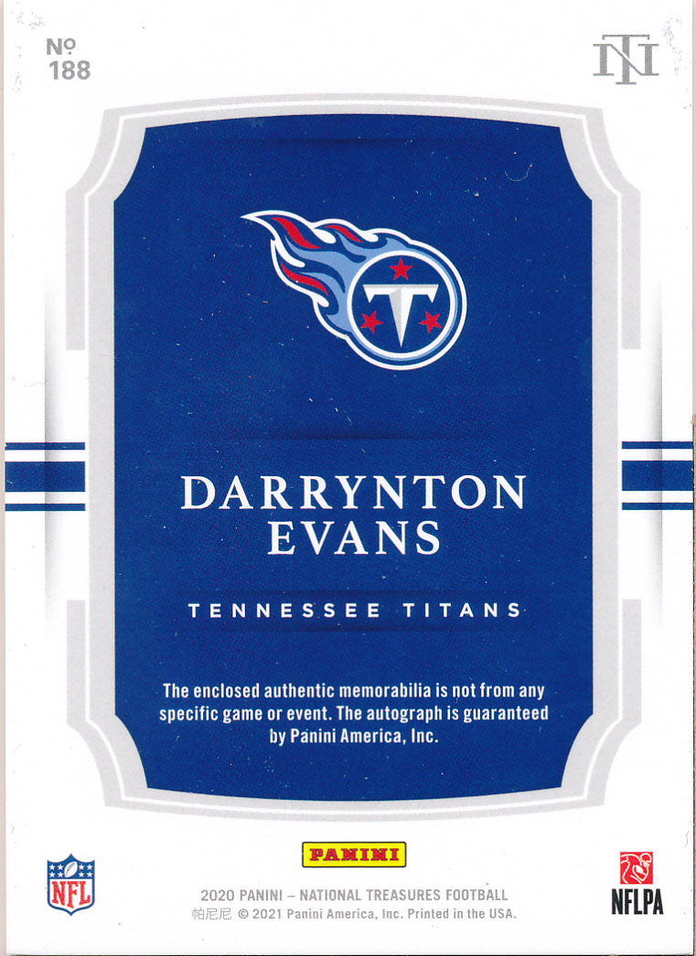 2020 Panini National Treasures #188 Darrynton Evans JSY AU RC