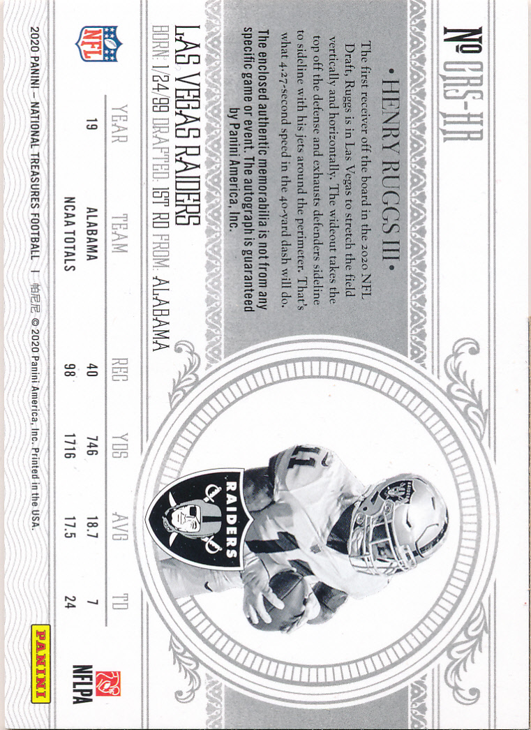 2020 Panini National Treasures Crossover Rookie Patch Autographs #14 Henry Ruggs III/49