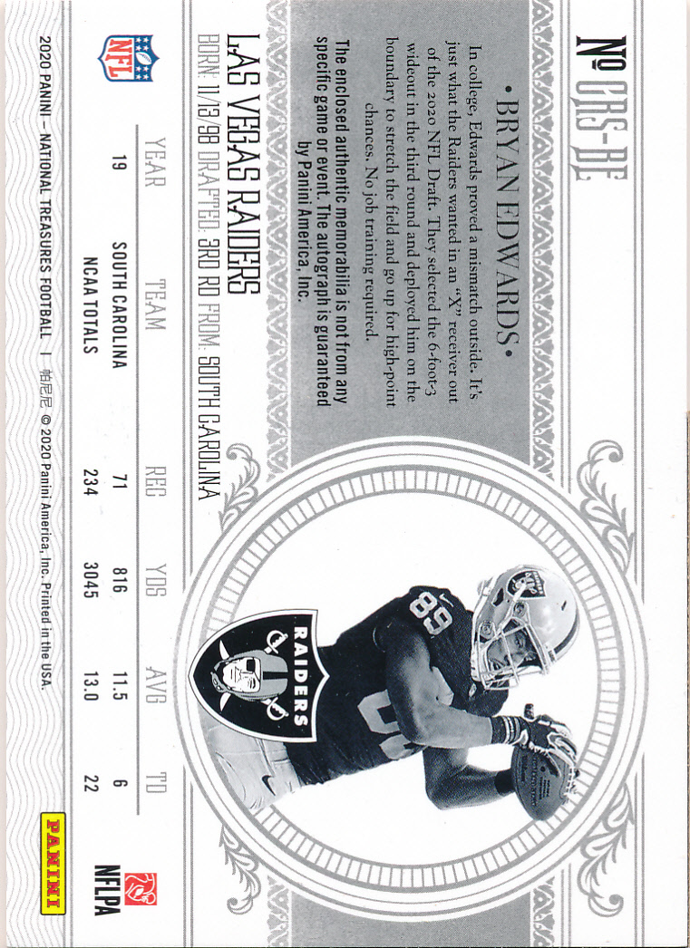 2020 Panini National Treasures Crossover Rookie Patch Autographs #31 Bryan Edwards/99