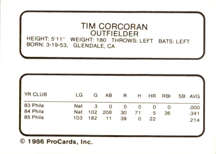 1986 Tidewater Tides Mets Logo ProCards #5 Tim Corcoran back image