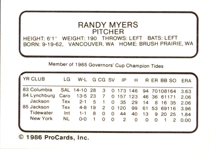 1986 Tidewater Tides Mets Logo ProCards #22 Randy Myers back image