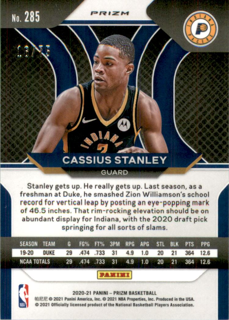 2020-21 Panini Prizm Prizms Fast Break Purple #285 Cassius Stanley
