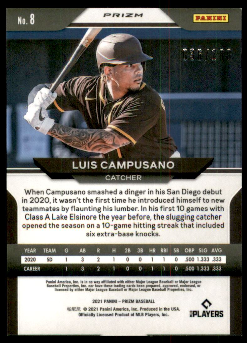 2021 Panini Prizm Prizms Neon Orange #8 Luis Campusano