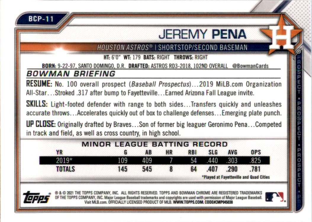 2021 Bowman Chrome Sapphire Prospects #BCP11 Jeremy Pena