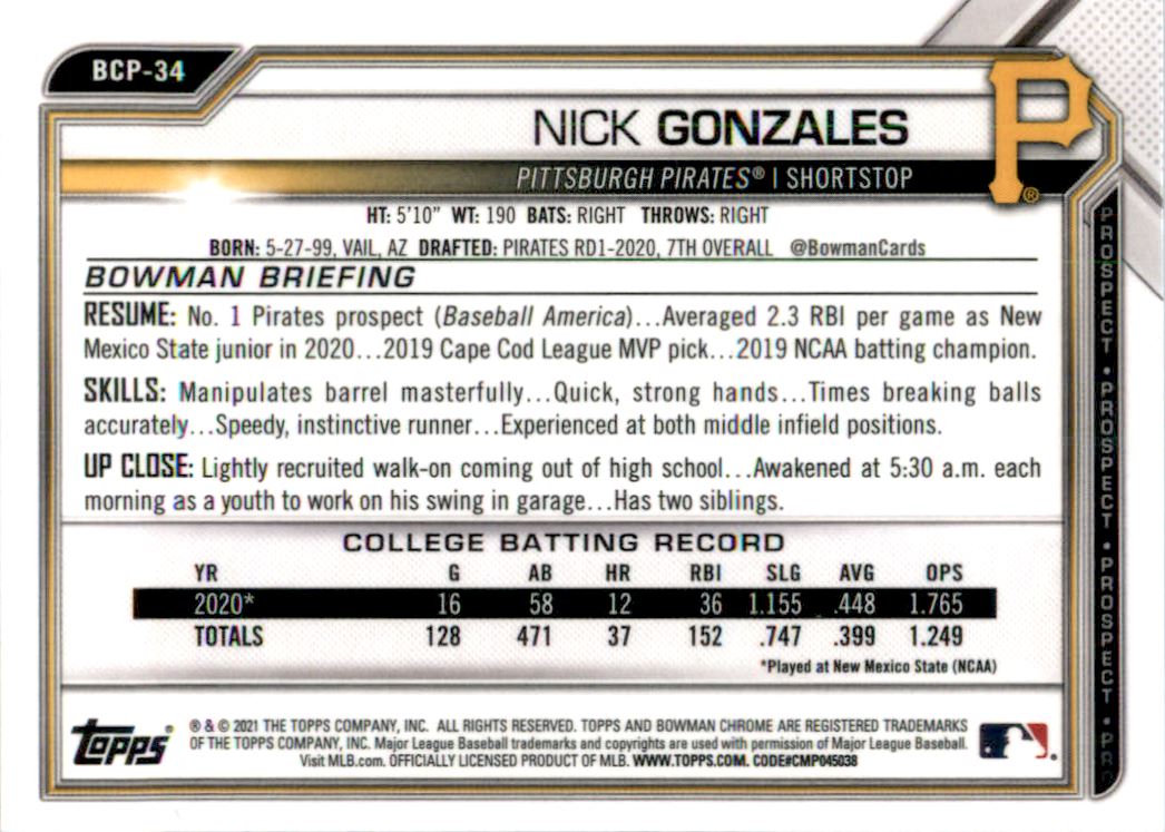 2021 Bowman Chrome Sapphire Prospects #BCP34 Nick Gonzales