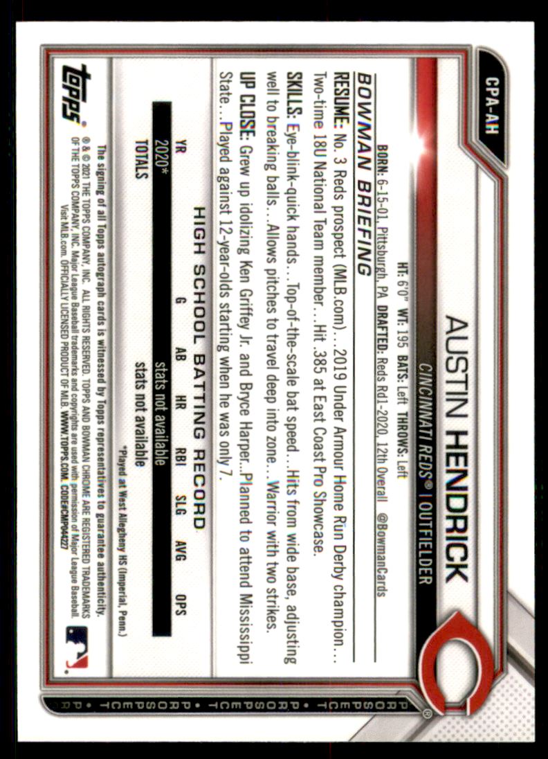 2021 Bowman Chrome Prospect Autographs Speckle Refractors #CPAAH Austin Hendrick