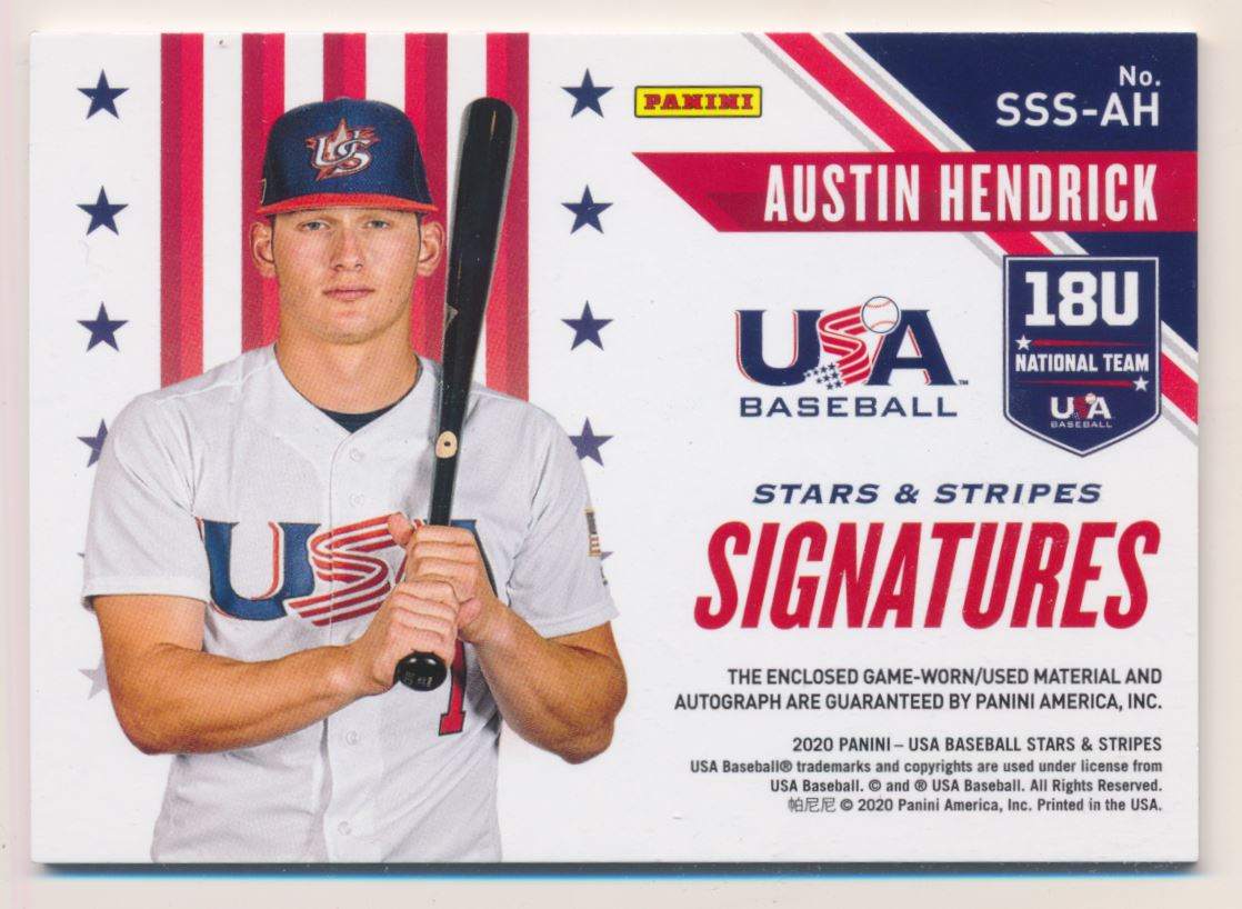2020 USA Baseball Stars and Stripes Material Signatures #28 Austin Hendrick/399 back image
