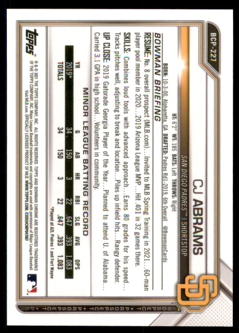 2021 Bowman Chrome Prospects Speckle Refractors #BCP227 CJ Abrams