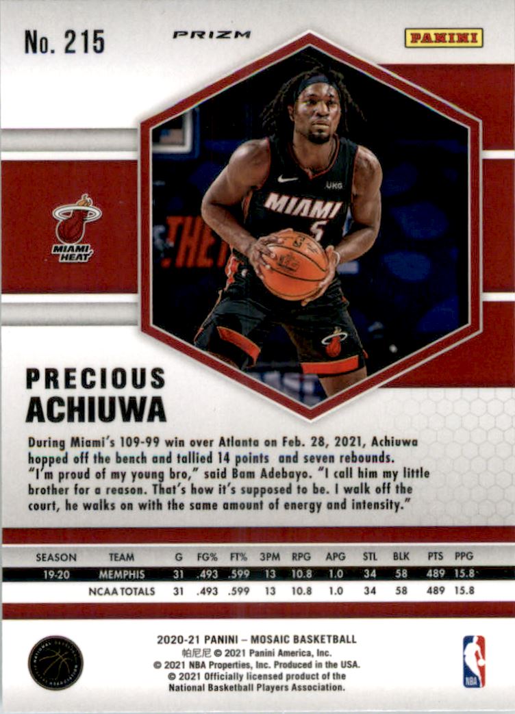 2020-21 Panini Mosaic Mosaic Reactive Orange #215 Precious Achiuwa