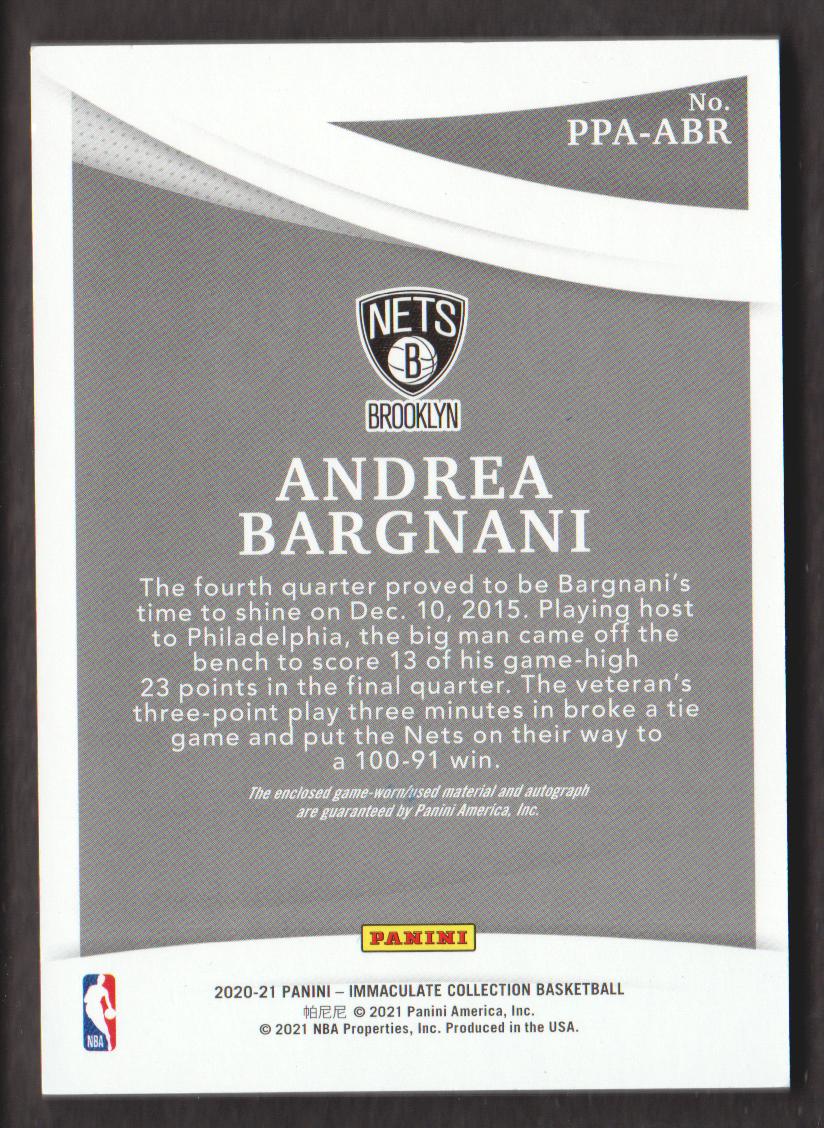2020-21 Immaculate Collection Premium Patch Autographs #48 Andrea Bargnani/25 back image
