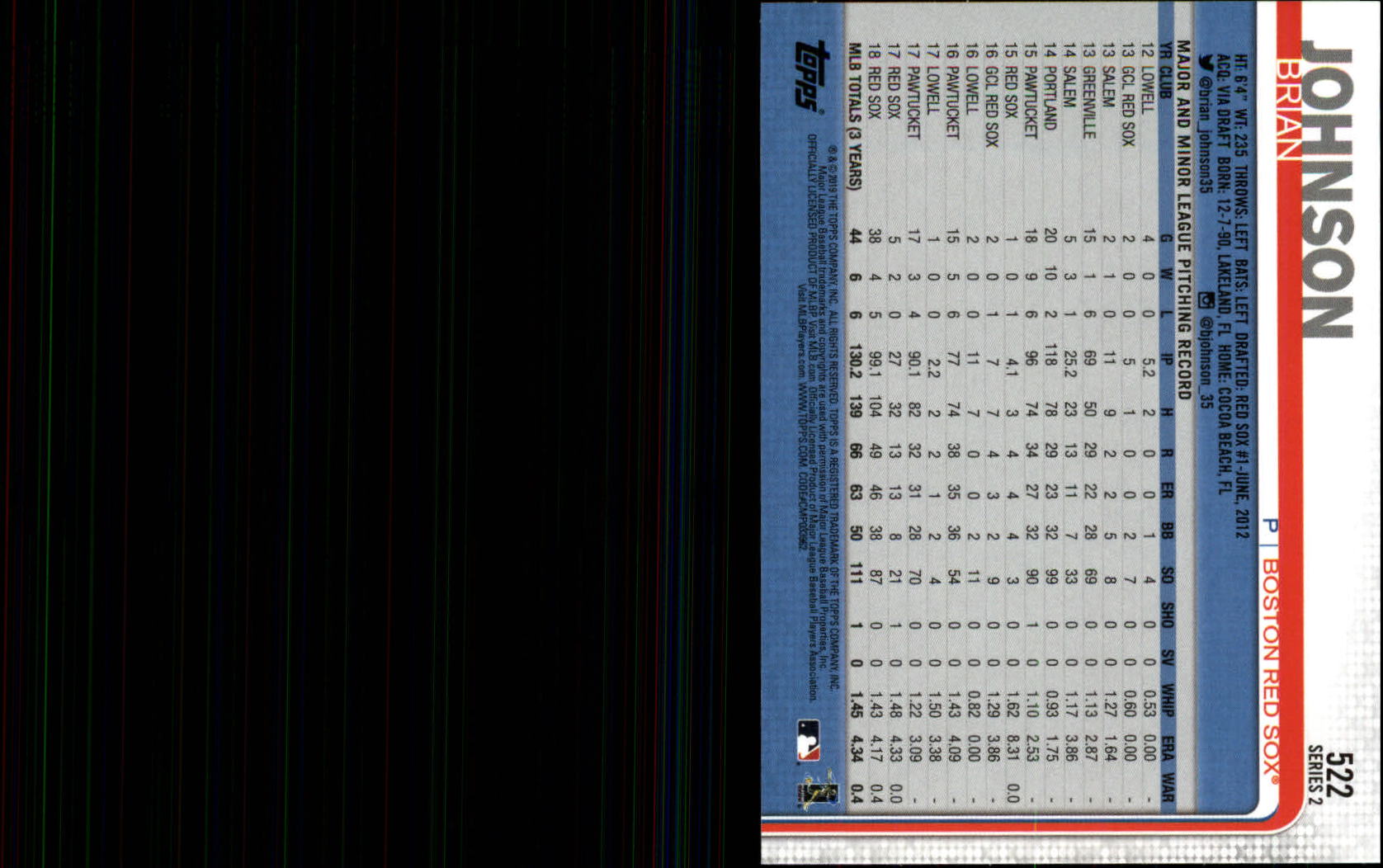 2019 Topps #522 Brian Johnson back image