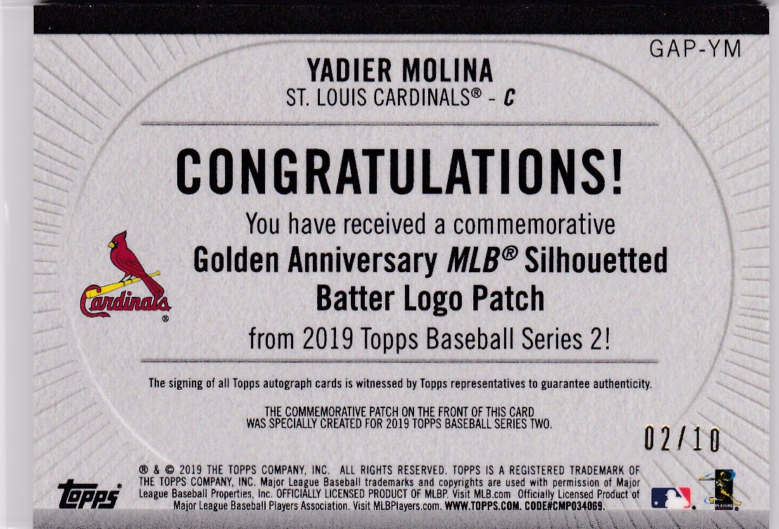 2019 Topps MLB Logo Golden Anniversary Commemorative Patch Autographs #MLBAYM Yadier Molina back image