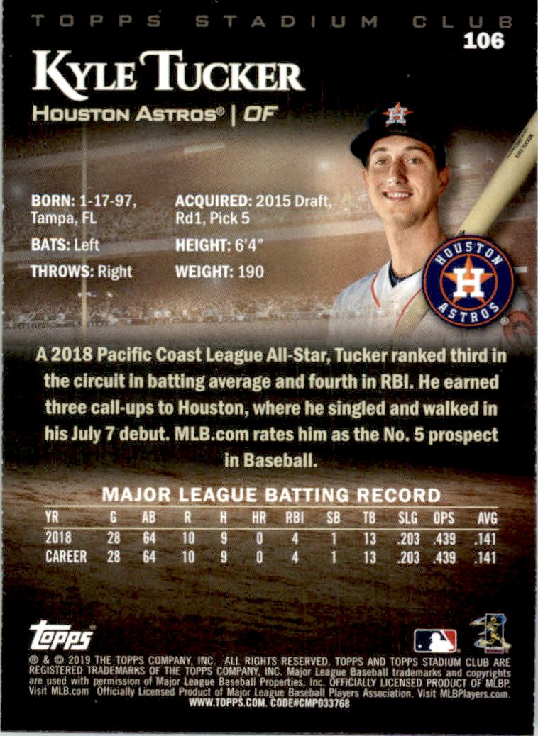 2019 Stadium Club 106 Kyle Tucker RC NMMT Burbank Sportscards
