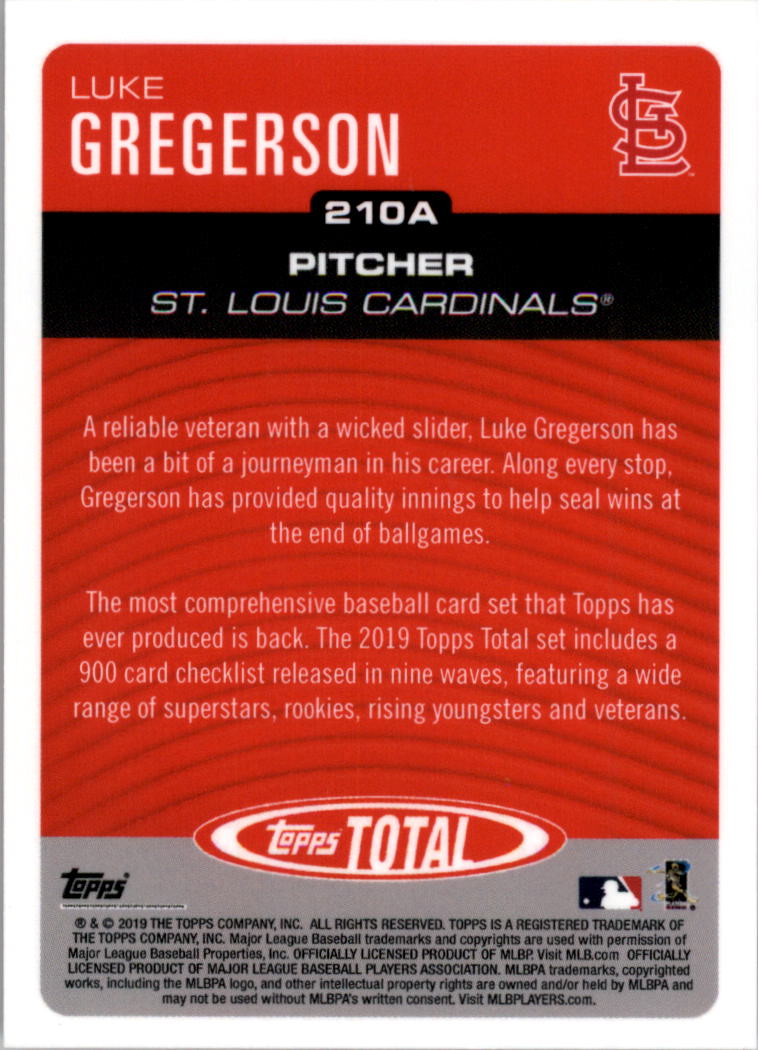 2019 Topps Total Red #210A Luke Gregerson back image