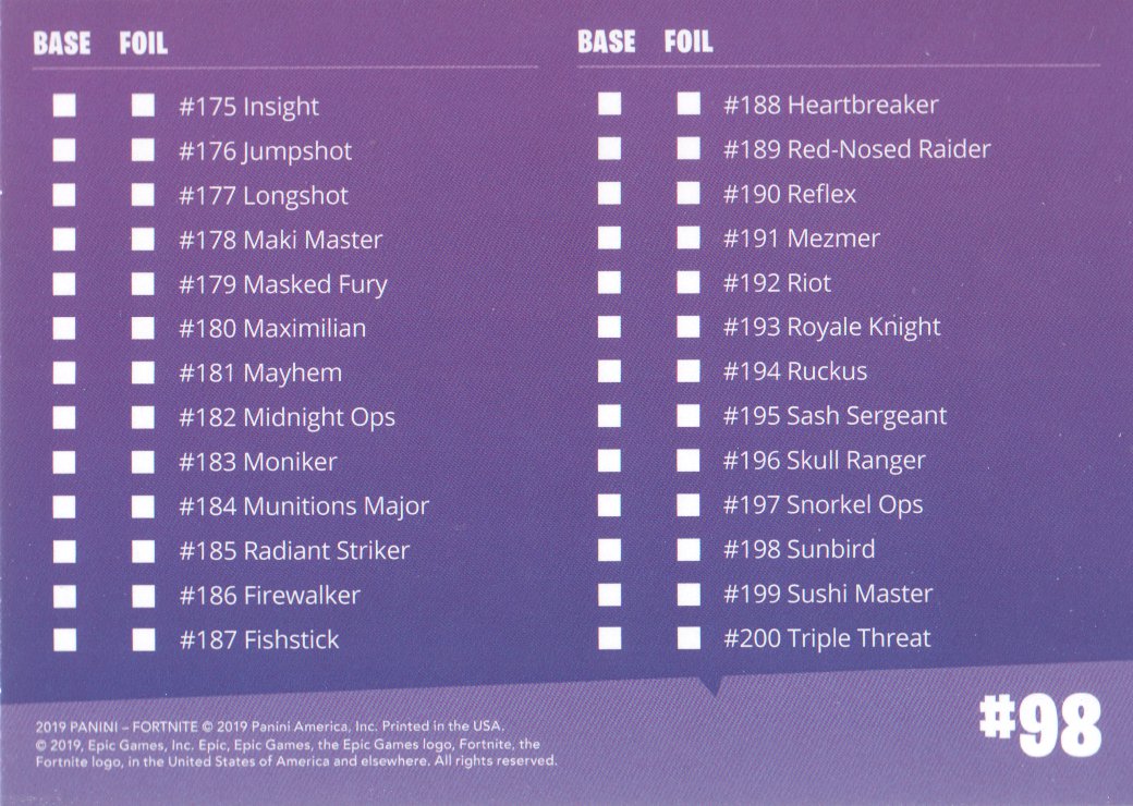 Fortnite Checklist 2019 Fortnite Trading Cards Series 1 98 Checklist C Ebay