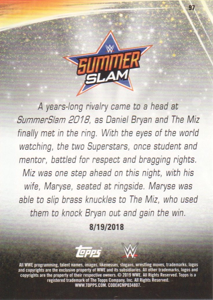 2019 Topps WWE SummerSlam Bronze #97 The Miz Def. Daniel Bryan back image