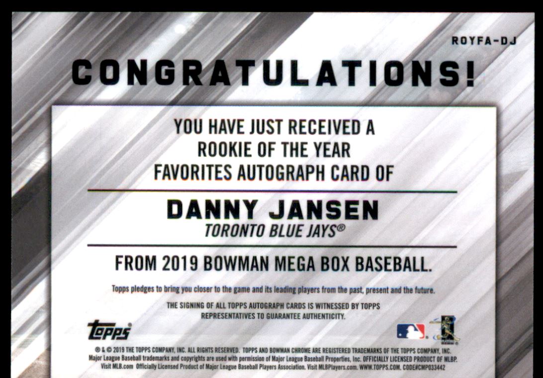 2019 Bowman Chrome Mega Box Rookie of the Year Favorites Autograph Orange Refractors #ROYFADJ Danny Jansen