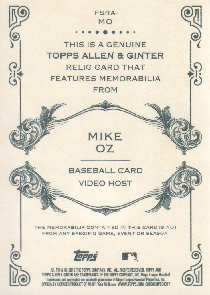 2019 Topps Allen and Ginter Relics #FSRAMO Mike Oz A back image