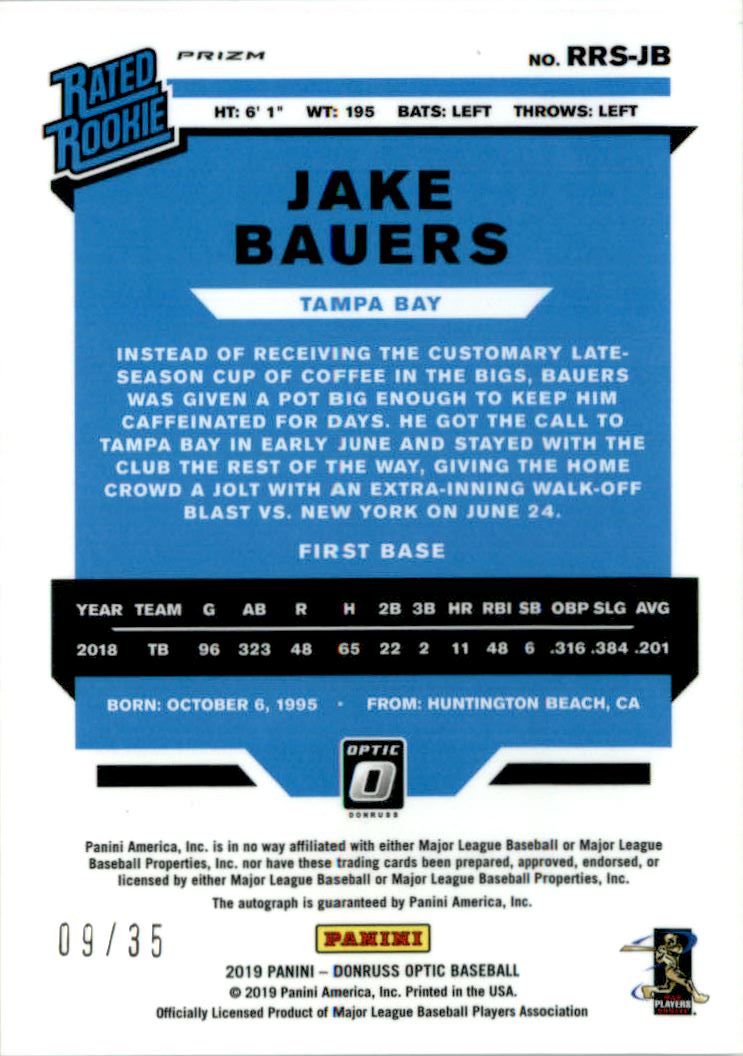 2019 Donruss Optic Rated Rookies Signatures Teal Velocity #19 Jake Bauers /35