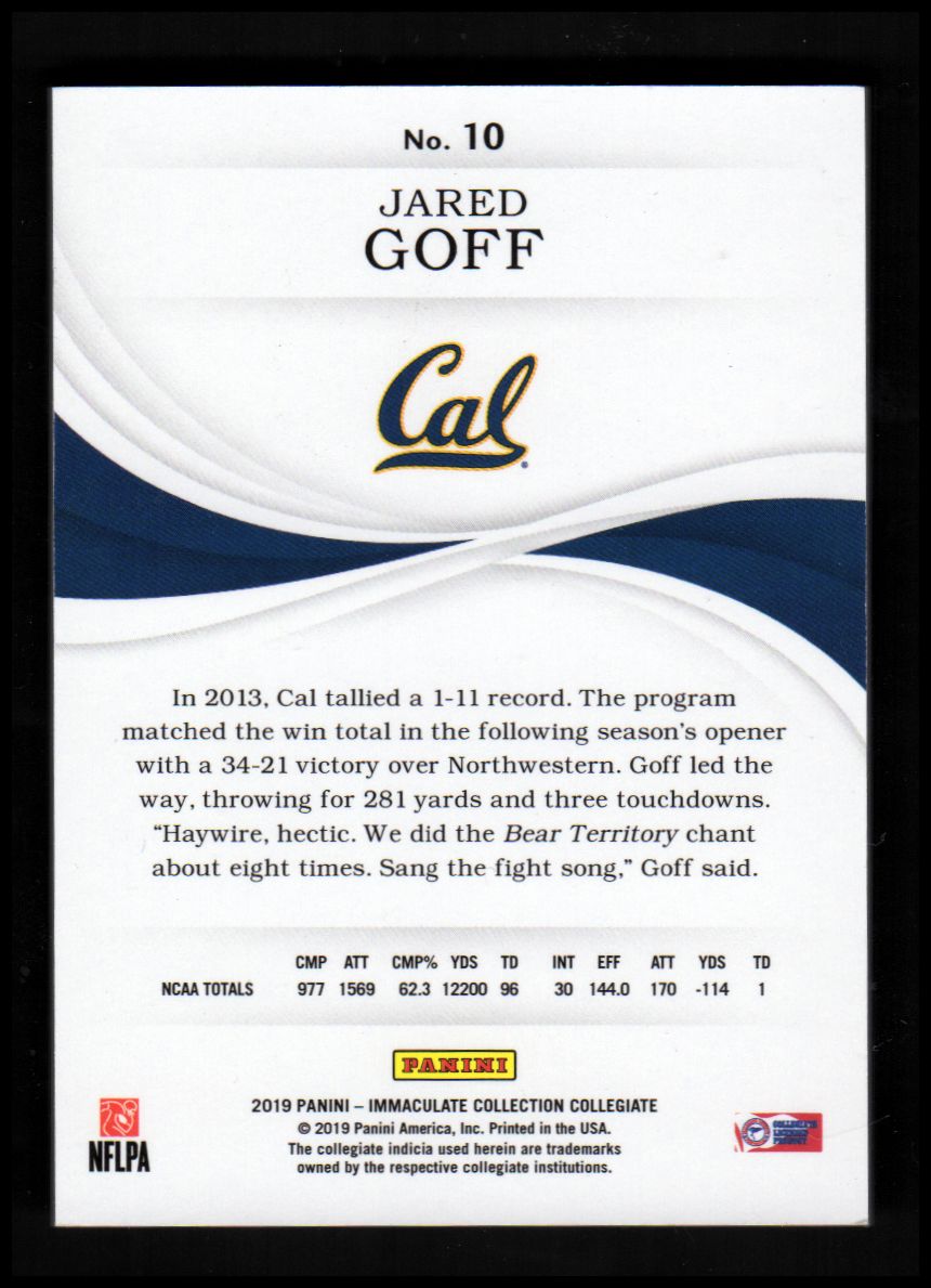 2019 Immaculate Collection Collegiate Gold #10 Jared Goff back image