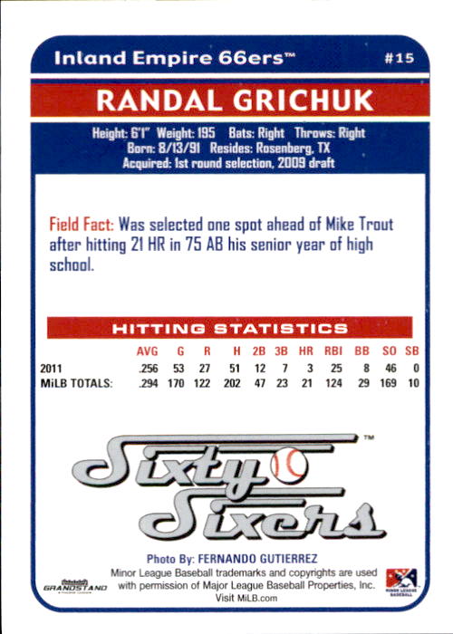 2012 Inland Empire 66ers Grandstand #15 Randal Grichuk back image