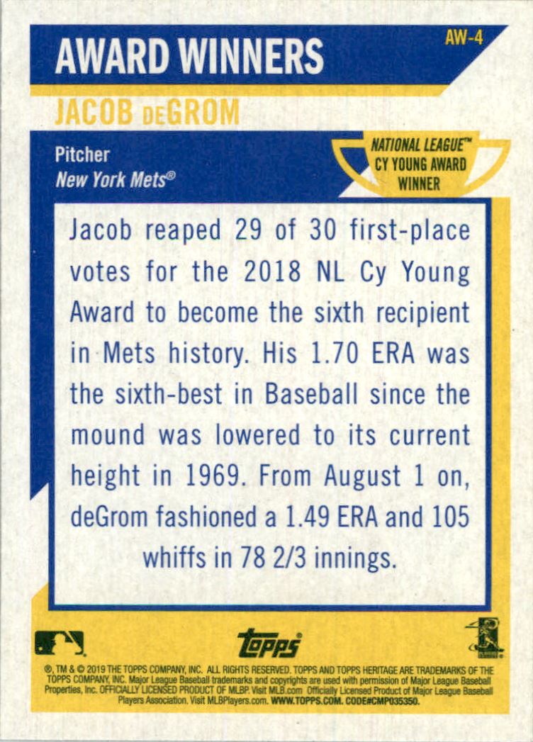 2019 Topps Heritage Award Winners #AW4 Jacob deGrom
