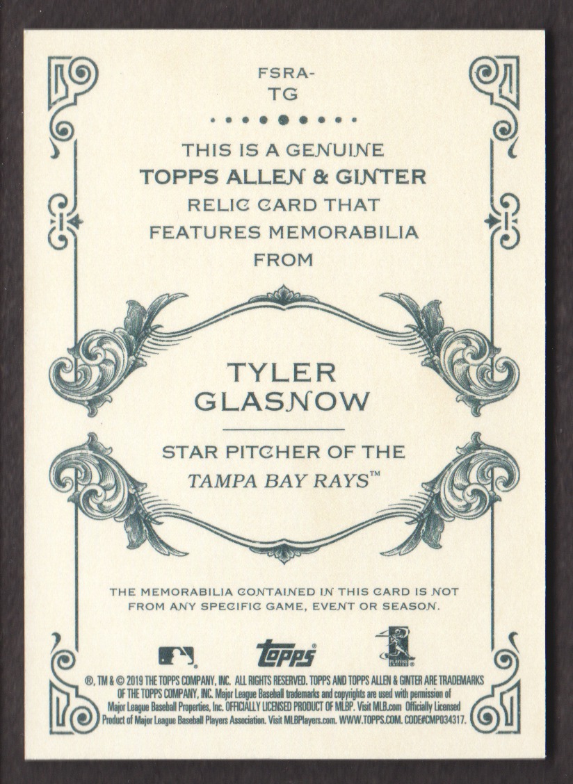 2019 Topps Allen and Ginter Relics #FSRATG Tyler Glasnow A back image