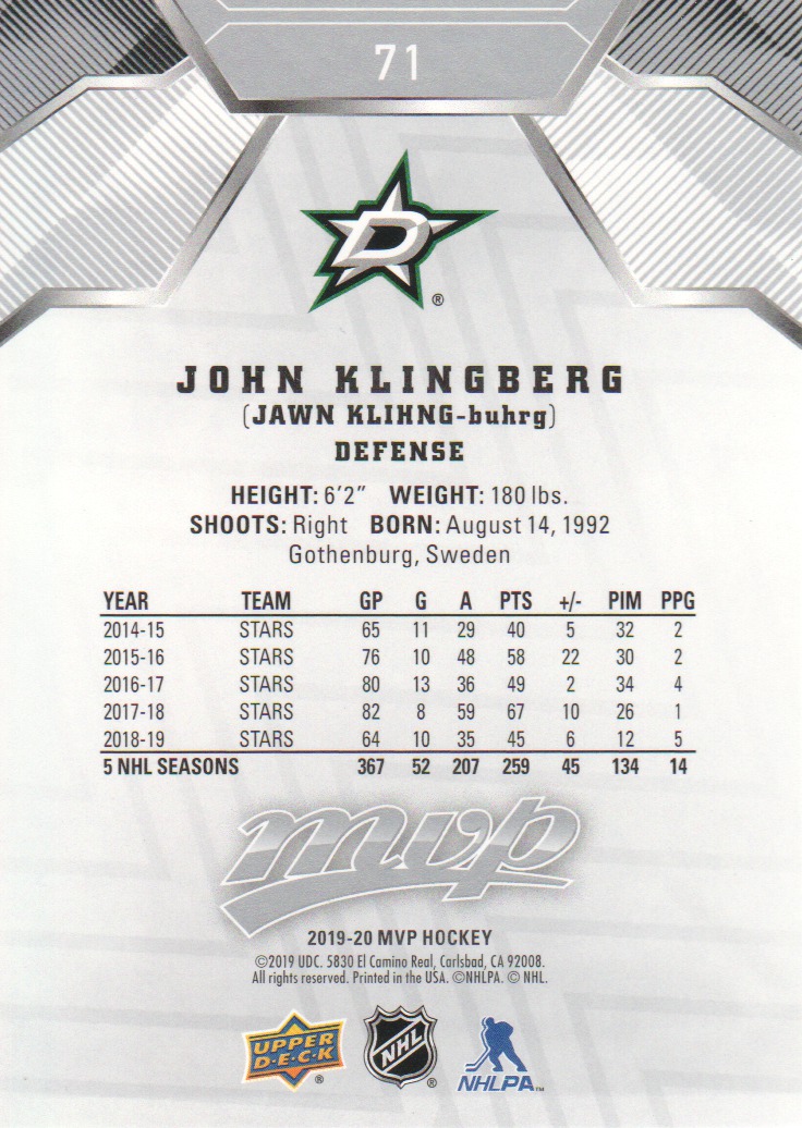 2019-20 Upper Deck MVP Silver Script #71 John Klingberg back image