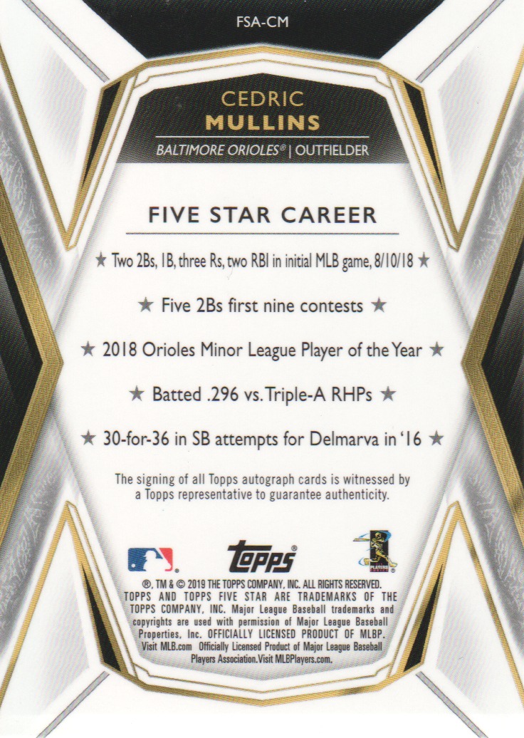 2019 Topps Five Star Autographs #FSACM Cedric Mullins RC back image