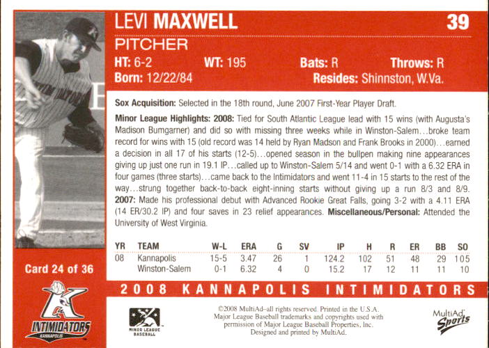 2008 Kannapolis Intimidators 2nd Half Multi-Ad #24 Levi Maxwell back image
