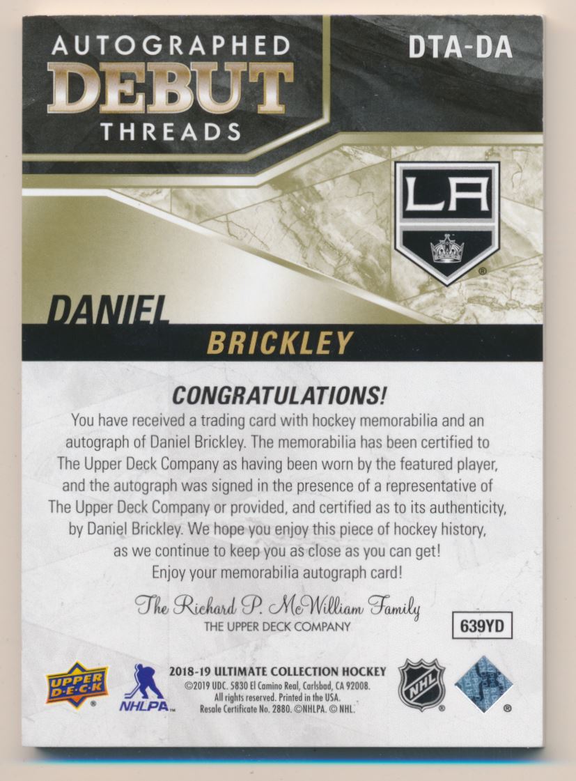 2018-19 Ultimate Collection Debut Threads Patch Autographs #DTADA Daniel Brickley