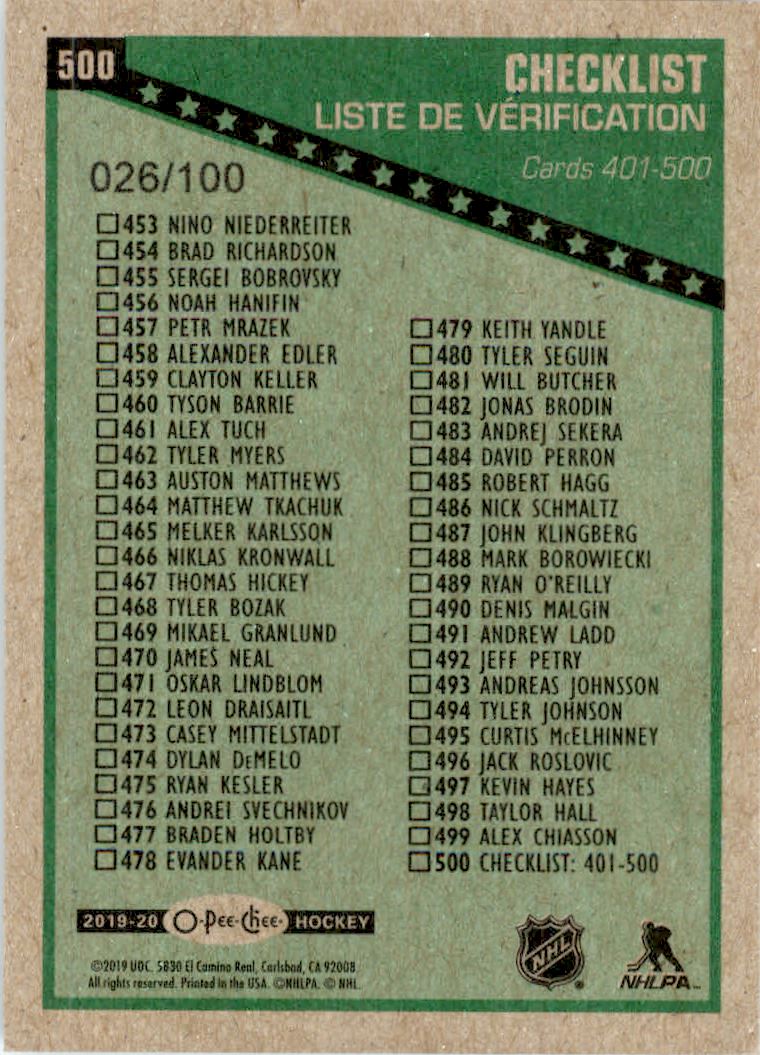 2019-20 O-Pee-Chee Retro Black #500 Checklist back image