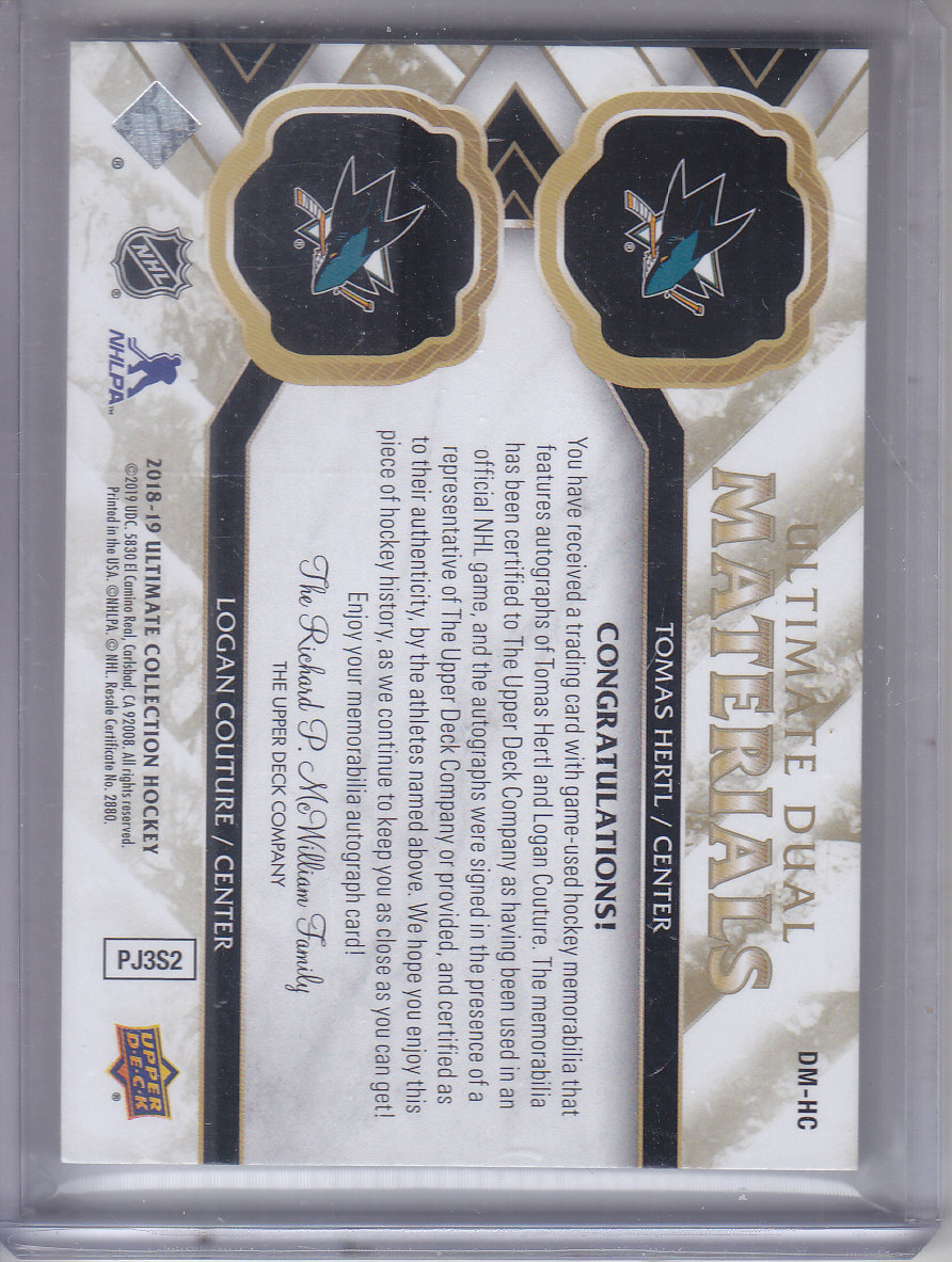2018-19 Ultimate Collection Ultimate Dual Material Autographs #DMHC Tomas Hertl/Logan Couture back image