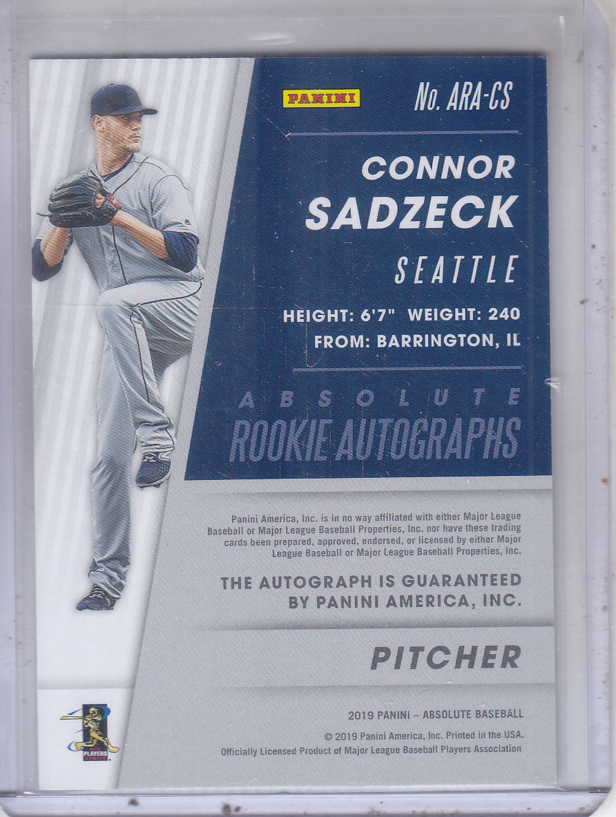 2019 Absolute Rookie Autographs Gold #29 Connor Sadzeck back image