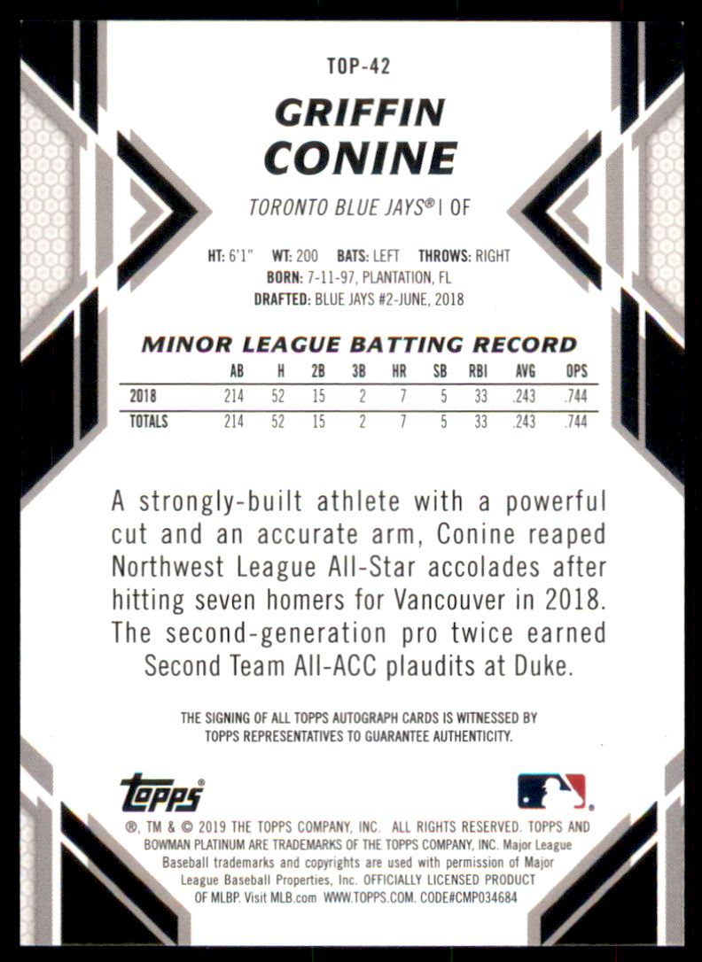 2019 Bowman Platinum Top Prospect Autographs #TOP42 Griffin Conine
