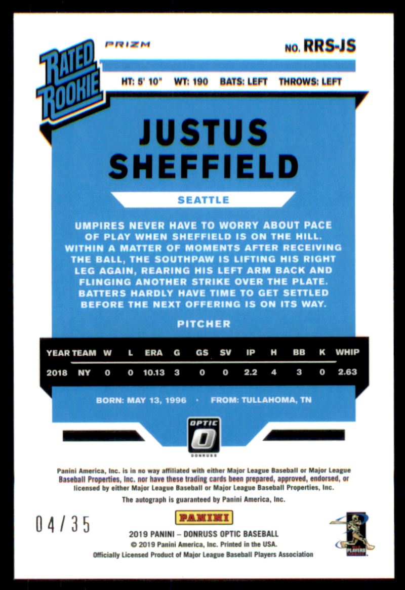 2019 Donruss Optic Rated Rookies Signatures Light Blue #25 Justus Sheffield/35