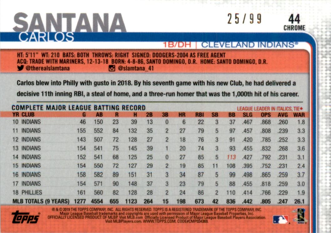 2019 Topps Chrome Green Wave Refractors #44 Carlos Santana