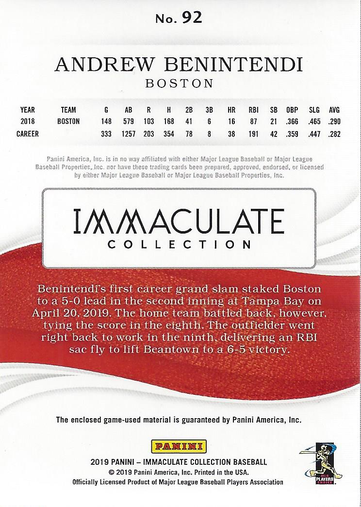 2019 Immaculate Collection Platinum #92 Andrew Benintendi JSY back image