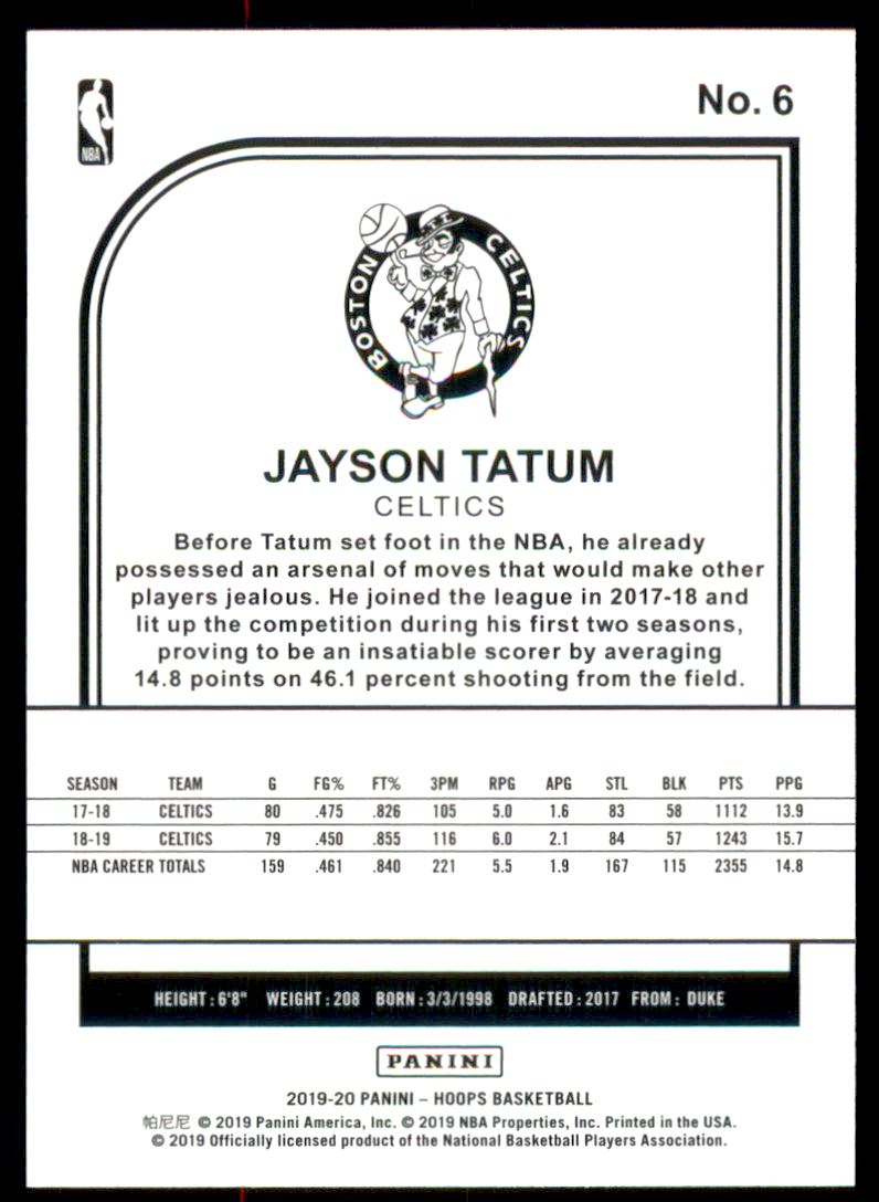 2019-20 Hoops #6 Jayson Tatum back image