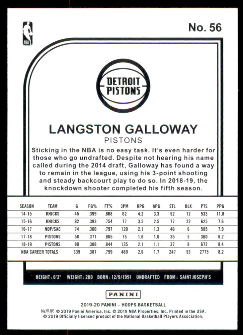 2019-20 Hoops #56 Langston Galloway back image