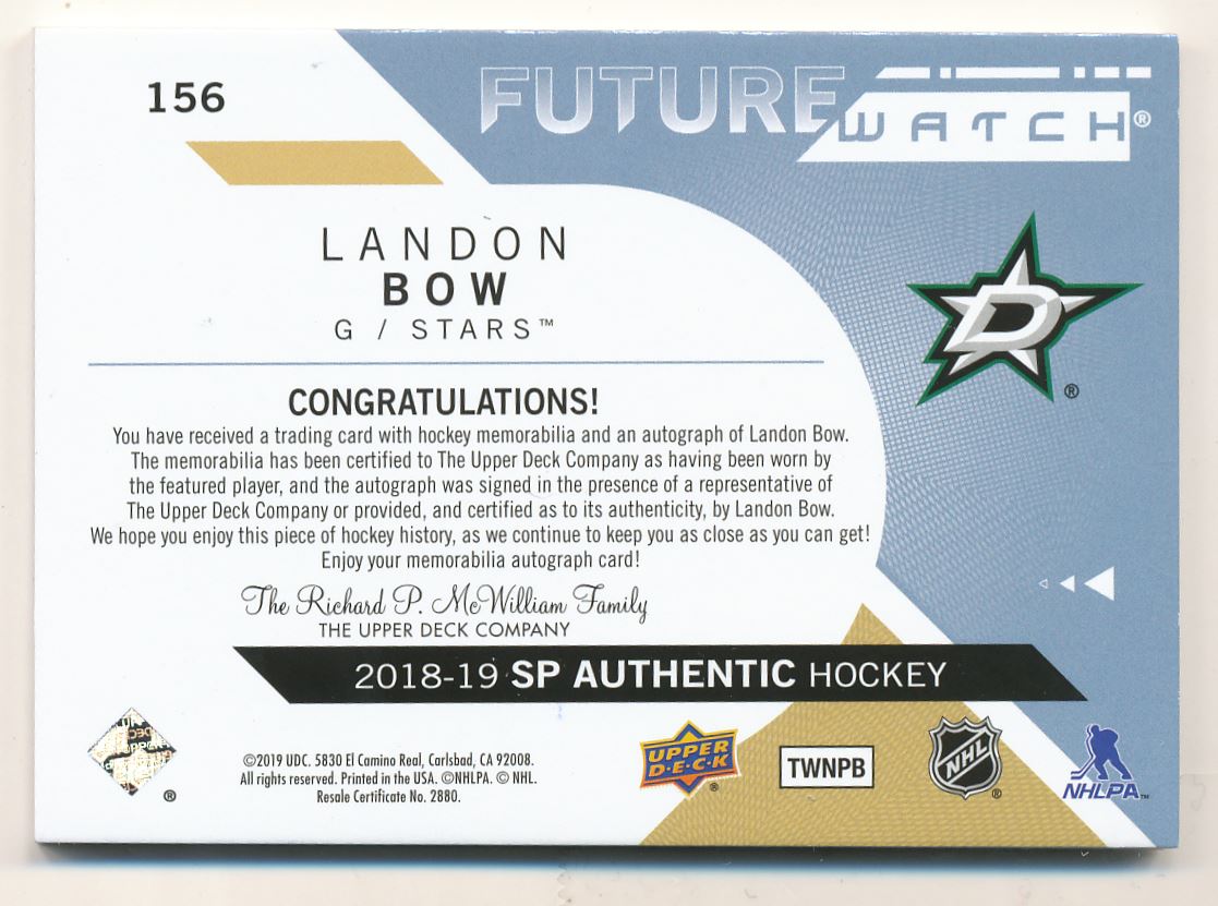 2018-19 SP Authentic Limited Patch Autographs #156 Landon Bow FW/100 back image