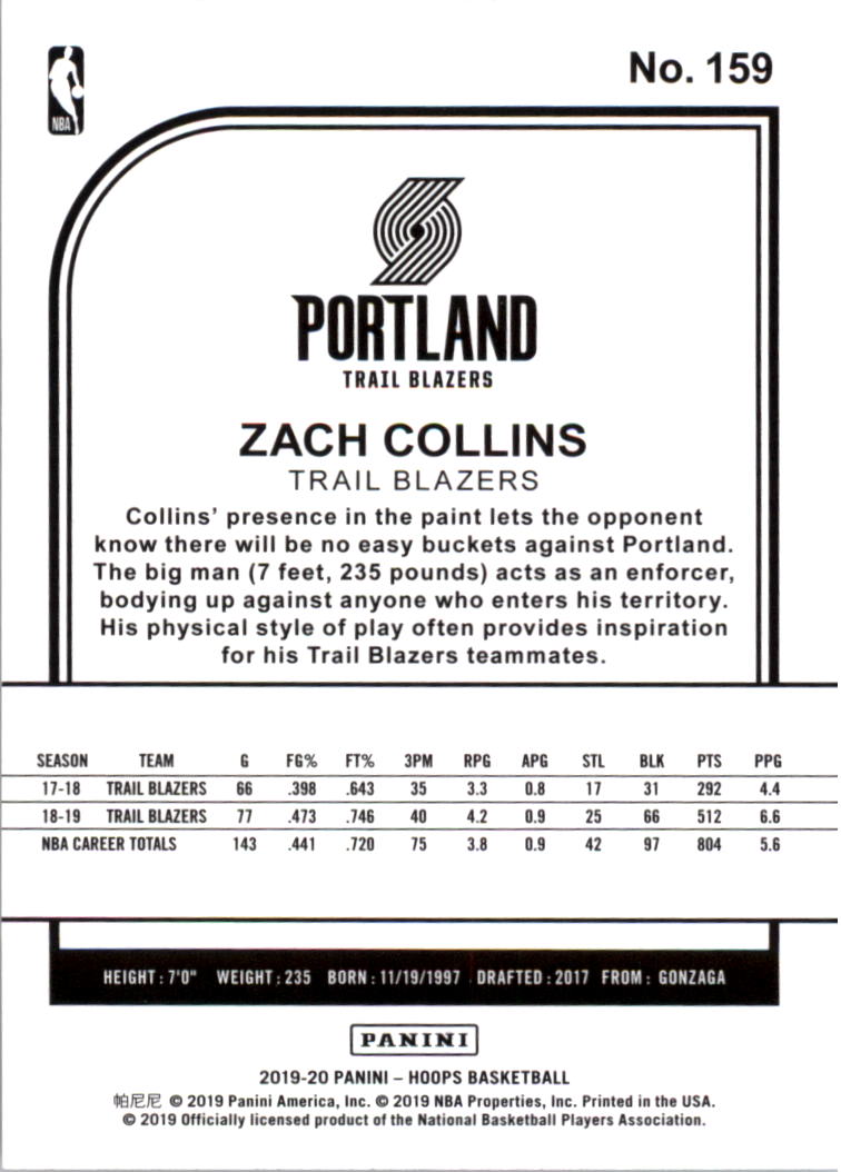 2019-20 Hoops #159 Zach Collins back image