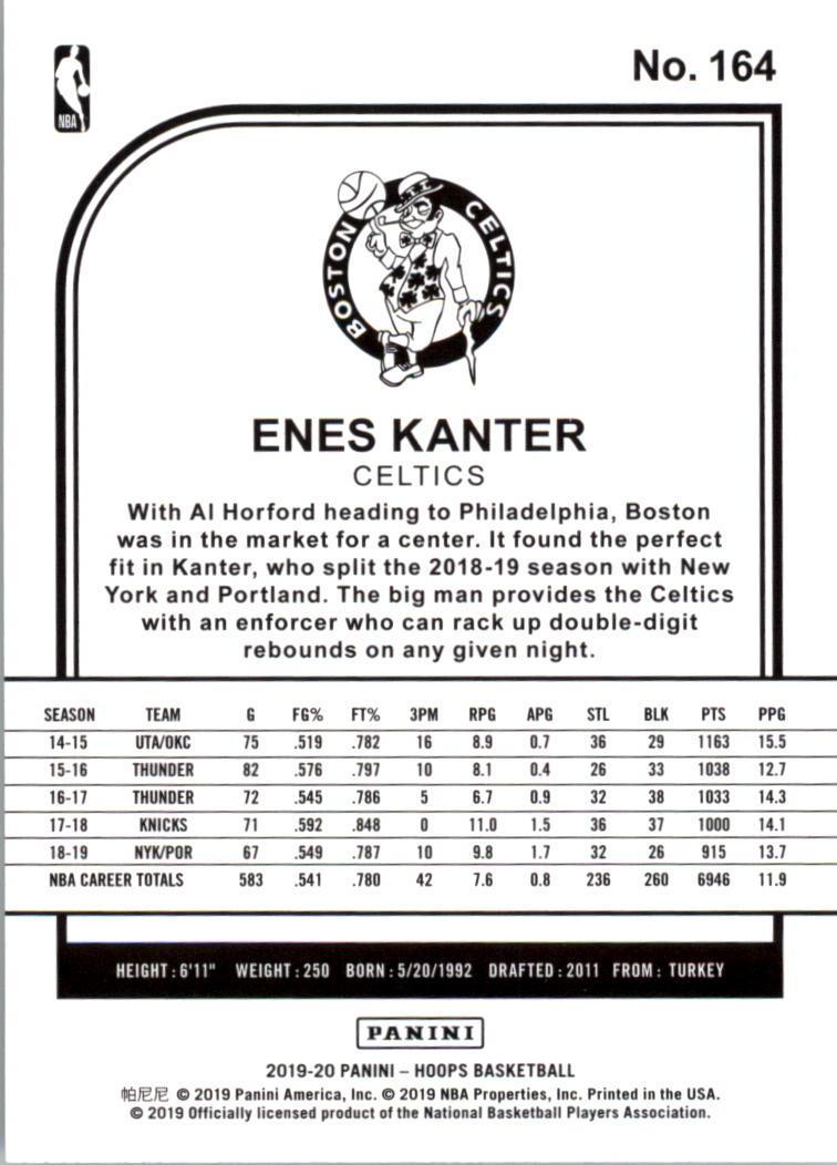2019-20 Hoops #164 Enes Kanter back image