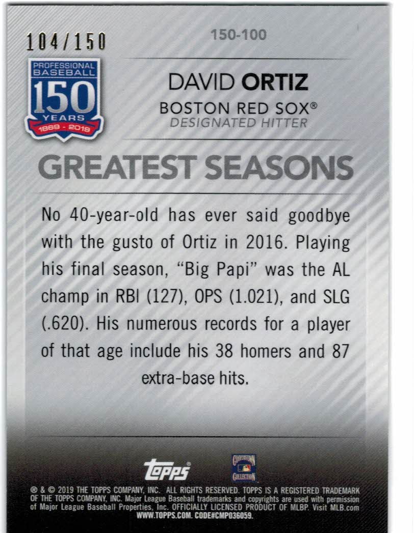 2019 Topps Update 150 Years of Baseball 150th Anniversary #150100 David Ortiz back image