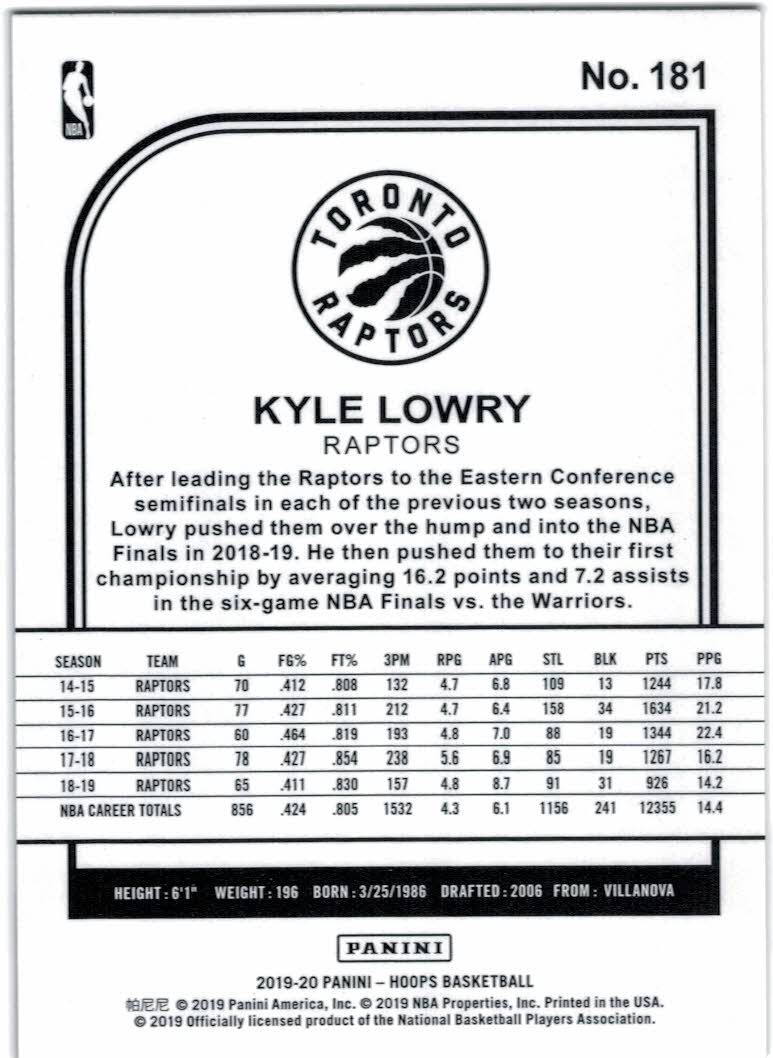 2019-20 Hoops #181 Kyle Lowry back image
