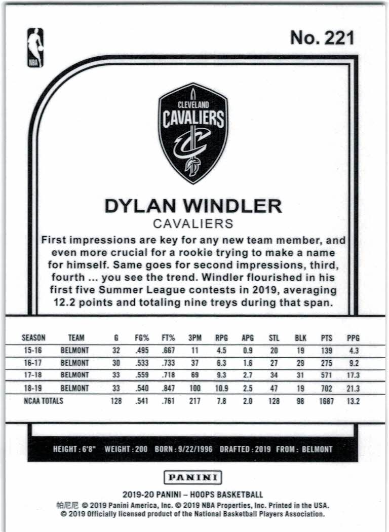 2019-20 Hoops #221 Dylan Windler RC back image