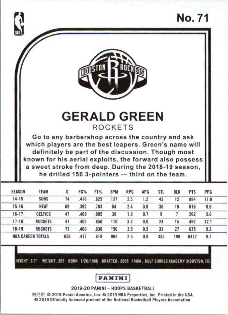 2019-20 Hoops Premium Box Set #71 Gerald Green back image