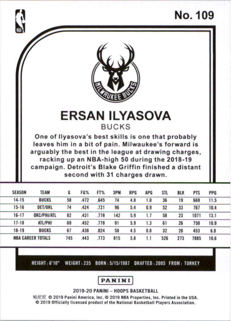 2019-20 Hoops Premium Box Set #109 Ersan Ilyasova back image