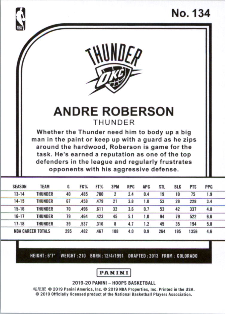 2019-20 Hoops Premium Box Set #134 Andre Roberson back image
