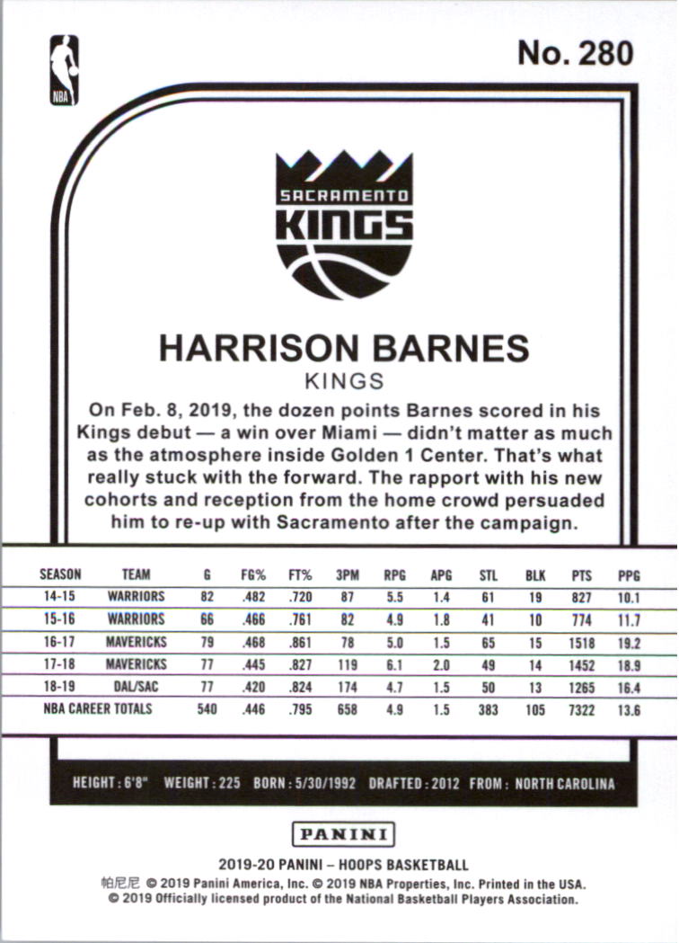 2019-20 Hoops Premium Box Set #280 Harrison Barnes back image